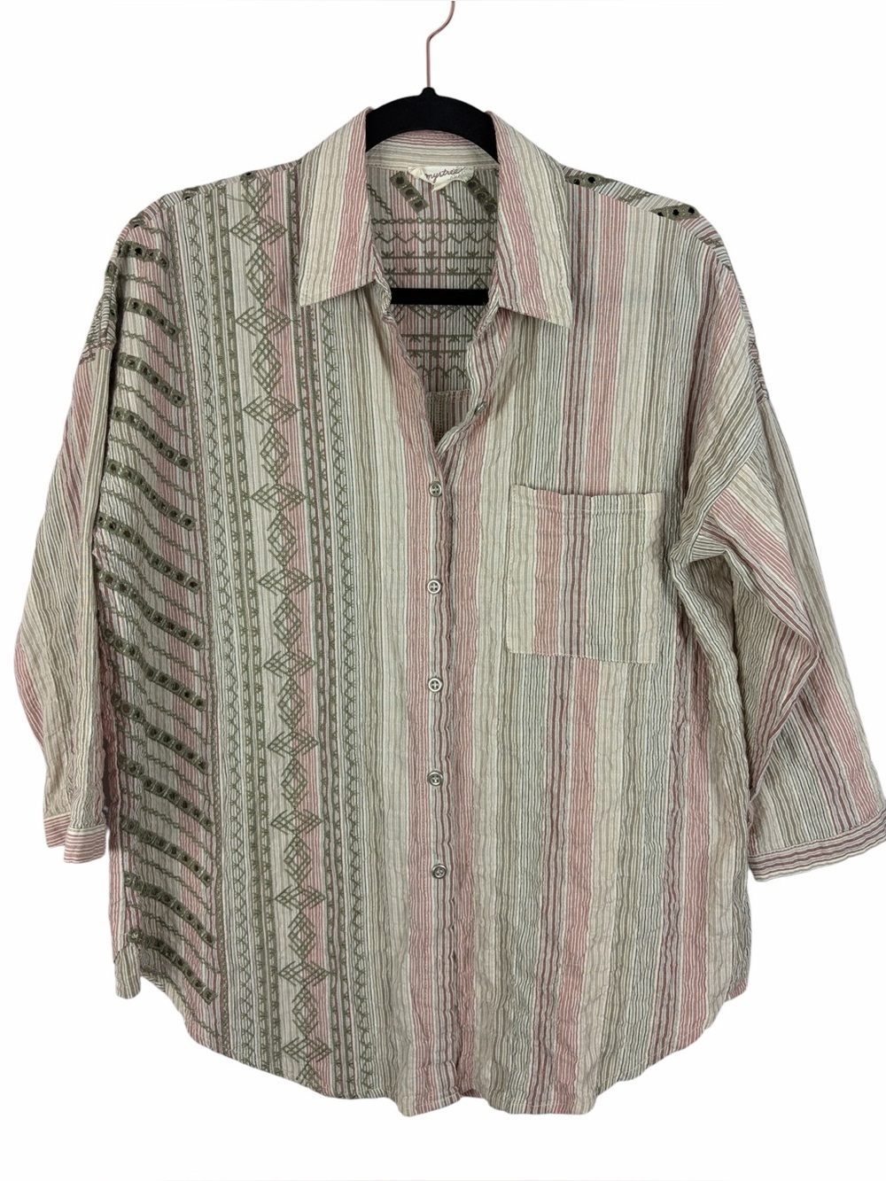 Mystree Boho Embroidered Striped Button Front Shirt Small Cotton Oversized Top